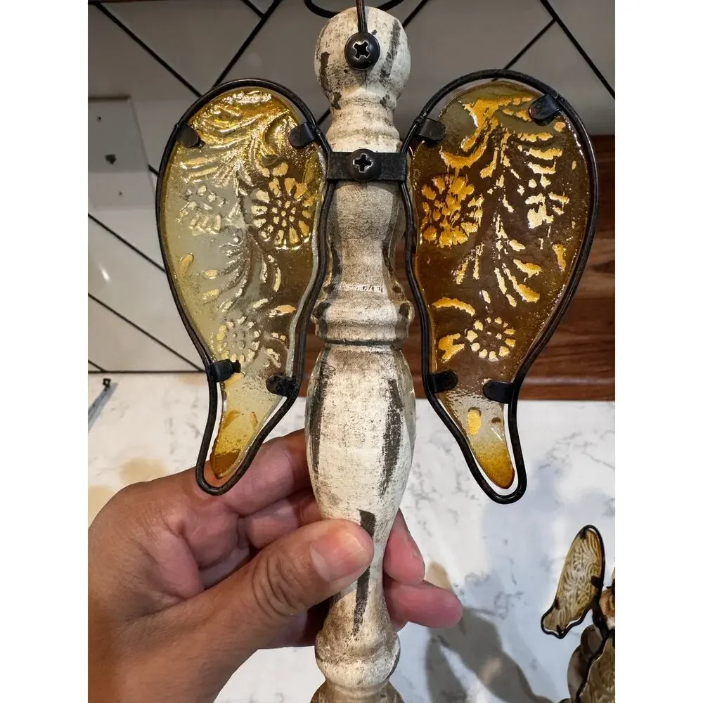 Vintage-Inspired Spool Spindle Flower Angel Ornament wood body glass wings x2